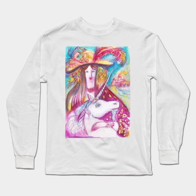 UNICORN  AND LADY WITH PEACOCK FEATHERS Long Sleeve T-Shirt by BulganLumini